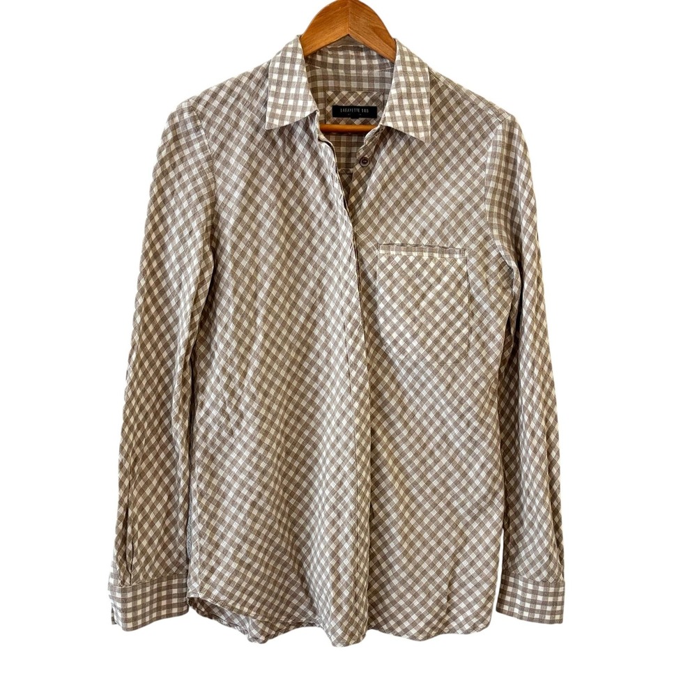 Lafayette 148 New York Gingham Button Up Shirt Womens M Beige Check Minimalist